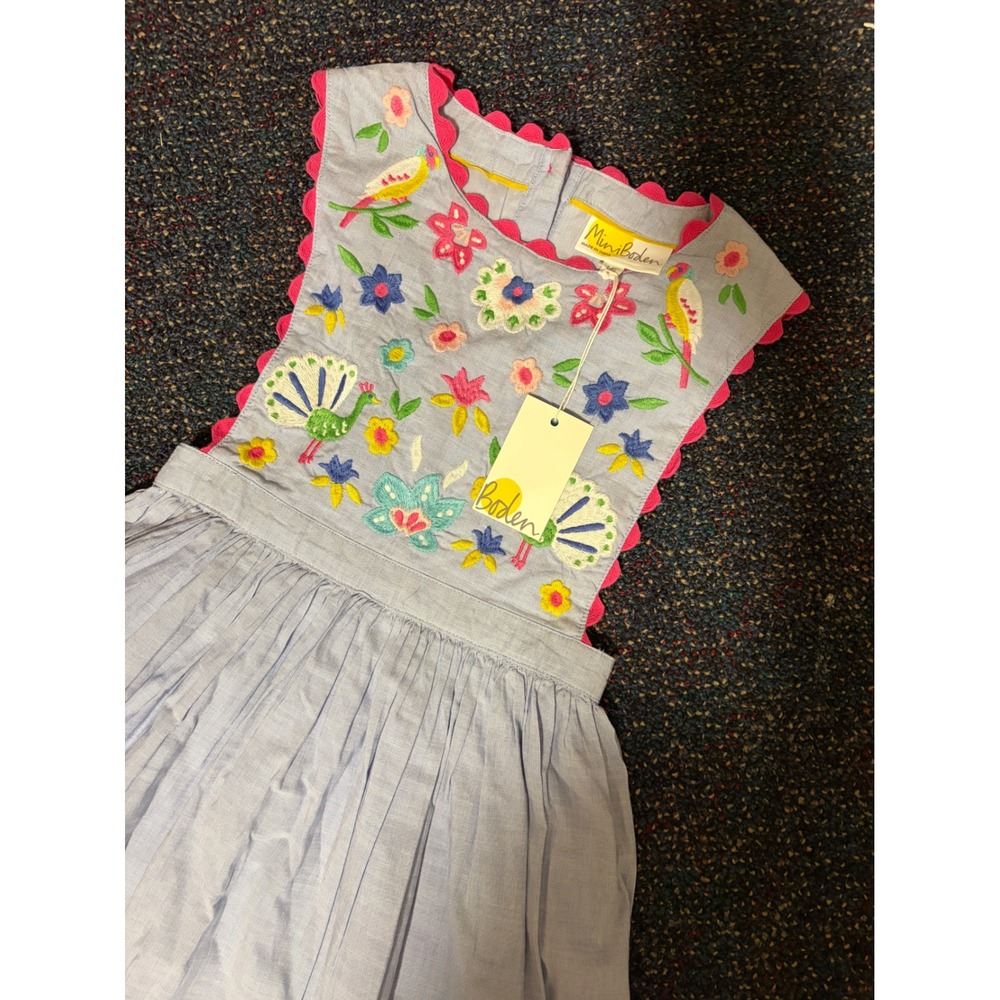 Mini Boden Girls Embroidered Peacock Floral Scallop Dress Blue Pink 7-8Y G3206